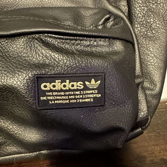 Black Leather Adidas Backpack Gold 3 Stripes 12 in - Picture 2 of 6
